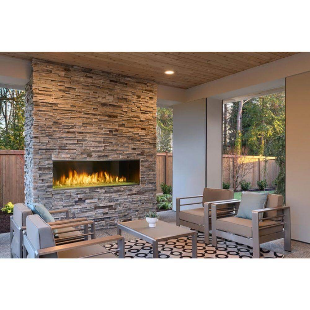 Modern lanai with a vent-free gas fireplace, cozy seating area, and stylish decor for outdoor relaxation.