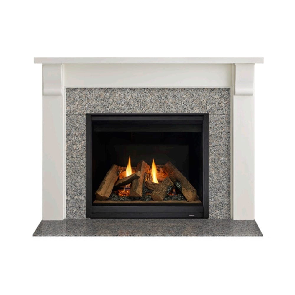Majestic Merritt Wood Mantel with gas fireplace, modern design, complementing any home decor style.