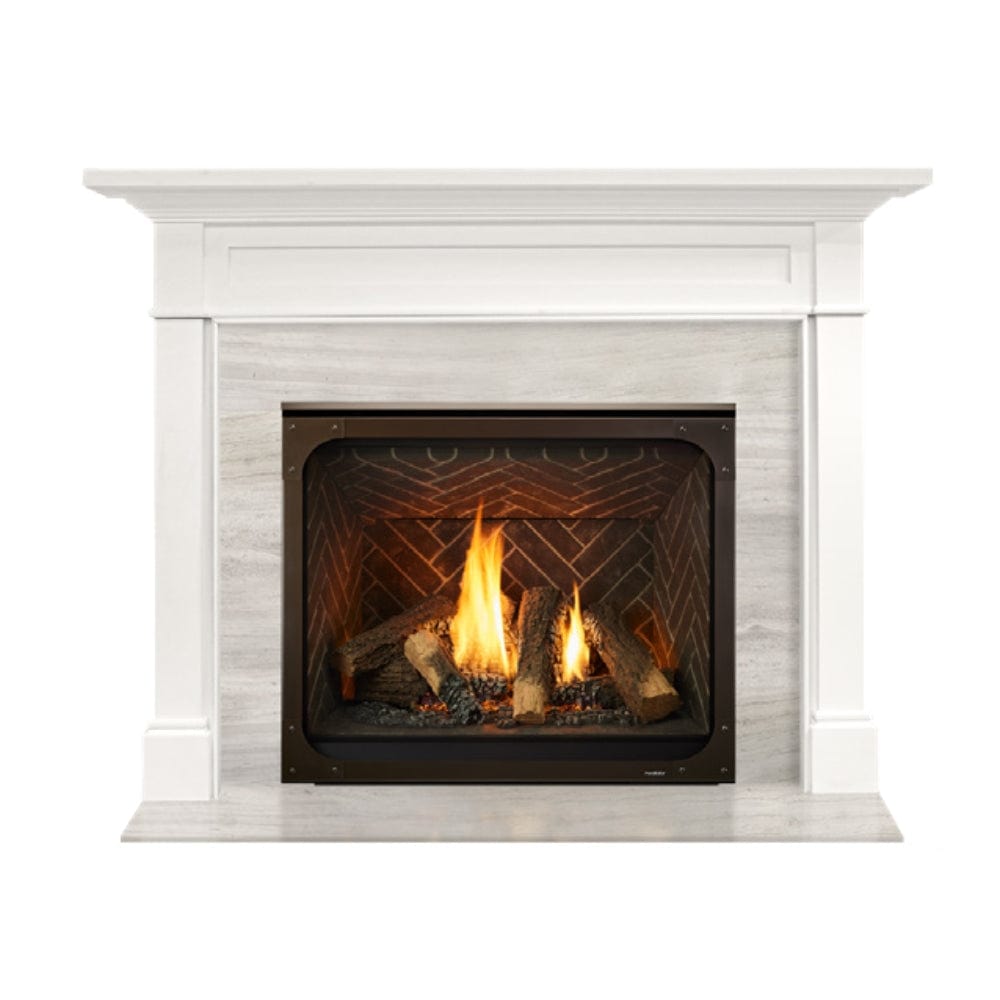 Majestic Roxborough Wood Mantel with fire in modern fireplace, enhancing living space ambiance.