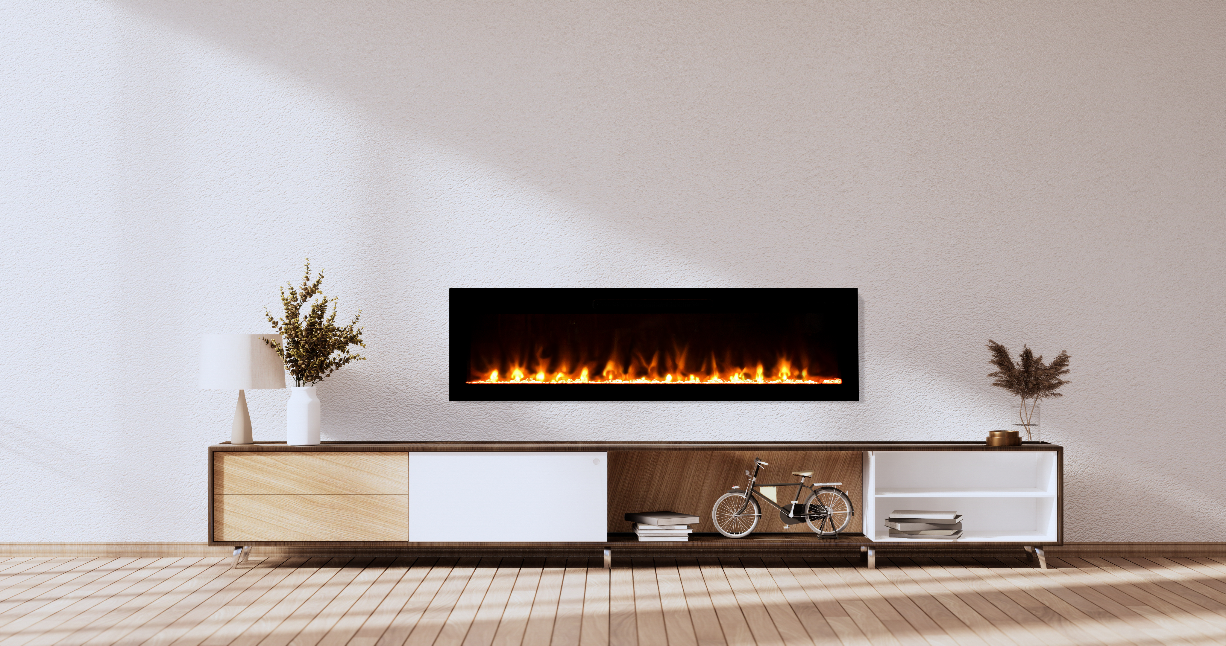 Evolution 60″ WiFi Enabled Wall Mounted Electric Fireplace - above a console table against an off-white wall