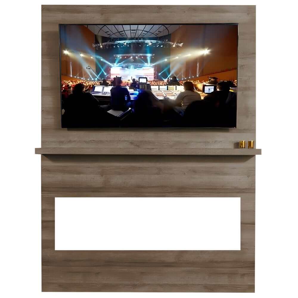 Allwood Fireplace Wall System for Spectrum Slimline Electric Fireplace - A modern TV stand displaying a live concert scene with illuminated stage and audience, framed in a light wood finish.