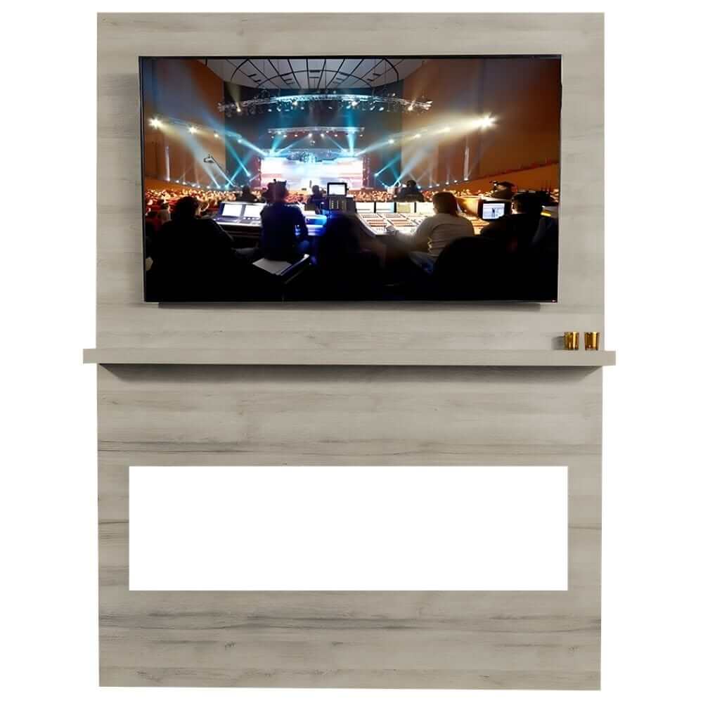 Allwood Fireplace Wall System for Spectrum Slimline Electric Fireplace - A modern TV stand displaying a live concert scene on the screen, with sound engineers and audience visible in a brightly lit venue.