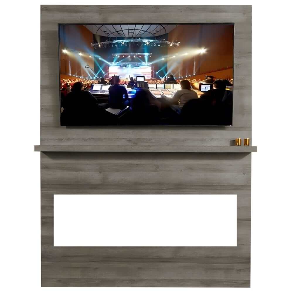 Allwood Fireplace Wall System for Spectrum Slimline Electric Fireplace - A large screen displays a lively stage event with bright lights and an audience, set within a sleek wooden frame and shelf.