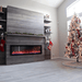 Allwood Fireplace Wall System for Spectrum Slimline Electric Fireplace - A cozy holiday living room features a modern electric fireplace, decorated tree, and stockings on a wooden mantel.