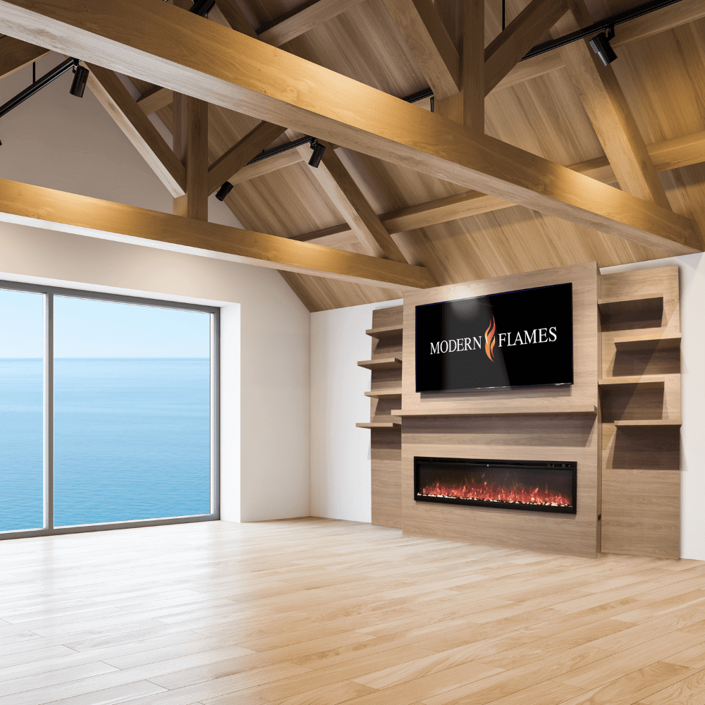 Allwood Fireplace Wall System for Spectrum Slimline Electric Fireplace - Modern living room with large window overlooking the ocean, featuring a sleek fireplace and wall-mounted TV with "Modern Flames" logo.