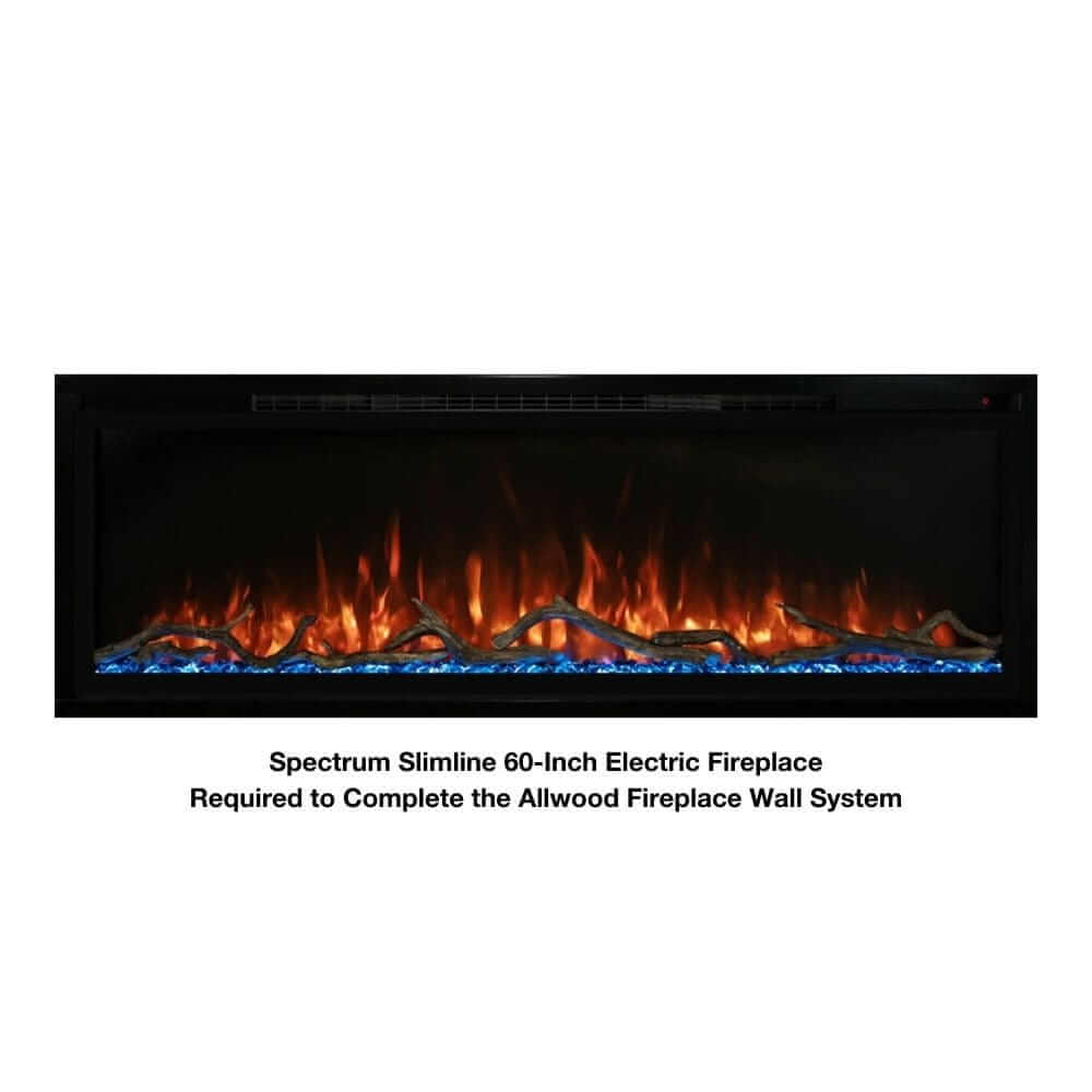 Allwood Fireplace Wall System for Spectrum Slimline Electric Fireplace - A sleek 60-inch electric fireplace with vibrant flames and blue glass pebbles, designed for the Allwood Fireplace Wall System.