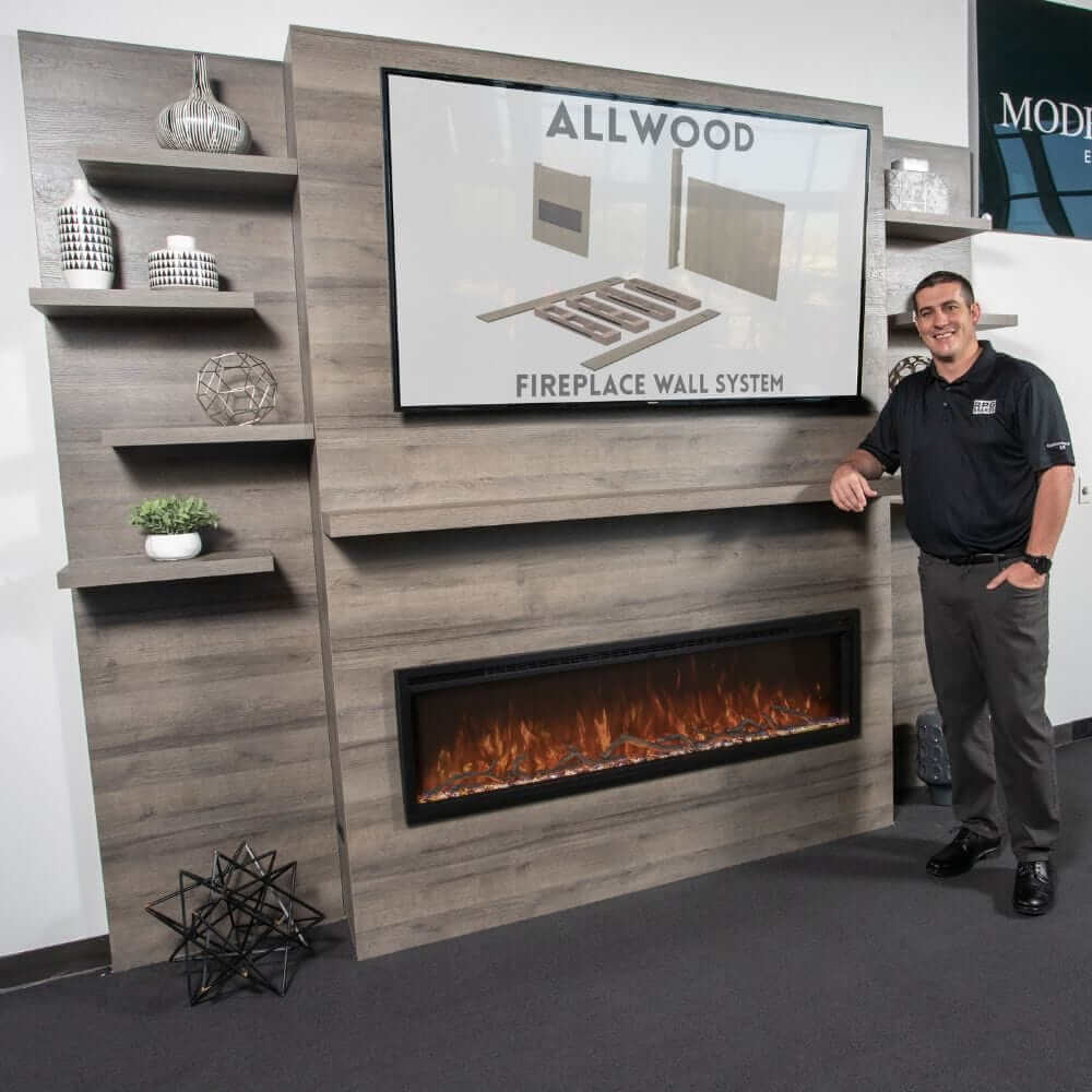 Allwood Fireplace Wall System for Spectrum Slimline Electric Fireplace - A modern fireplace wall system featuring a sleek design, a digital display, and decorative shelves with various objects.