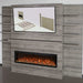 Allwood Fireplace Wall System for Spectrum Slimline Electric Fireplace - Modern living room setup featuring a wall-mounted TV above an electric fireplace with glowing embers and sleek gray paneling.