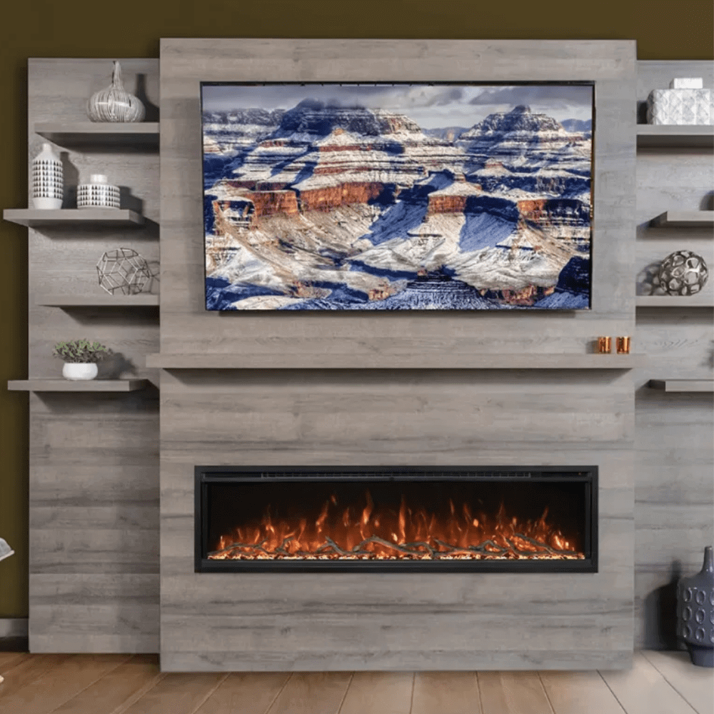 Allwood Fireplace Wall System for Spectrum Slimline Electric Fireplace - A modern living room featuring a sleek fireplace below a wall-mounted TV displaying a scenic mountain landscape.