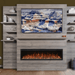 Allwood Fireplace Wall System for Spectrum Slimline Electric Fireplace - A modern living room featuring a sleek fireplace below a wall-mounted TV displaying a scenic mountain landscape.