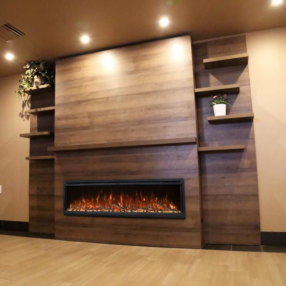 Allwood Fireplace Wall System for Spectrum Slimline Electric Fireplace - A modern wall-mounted electric fireplace with realistic flames, surrounded by dark wood shelves and soft warm lighting.