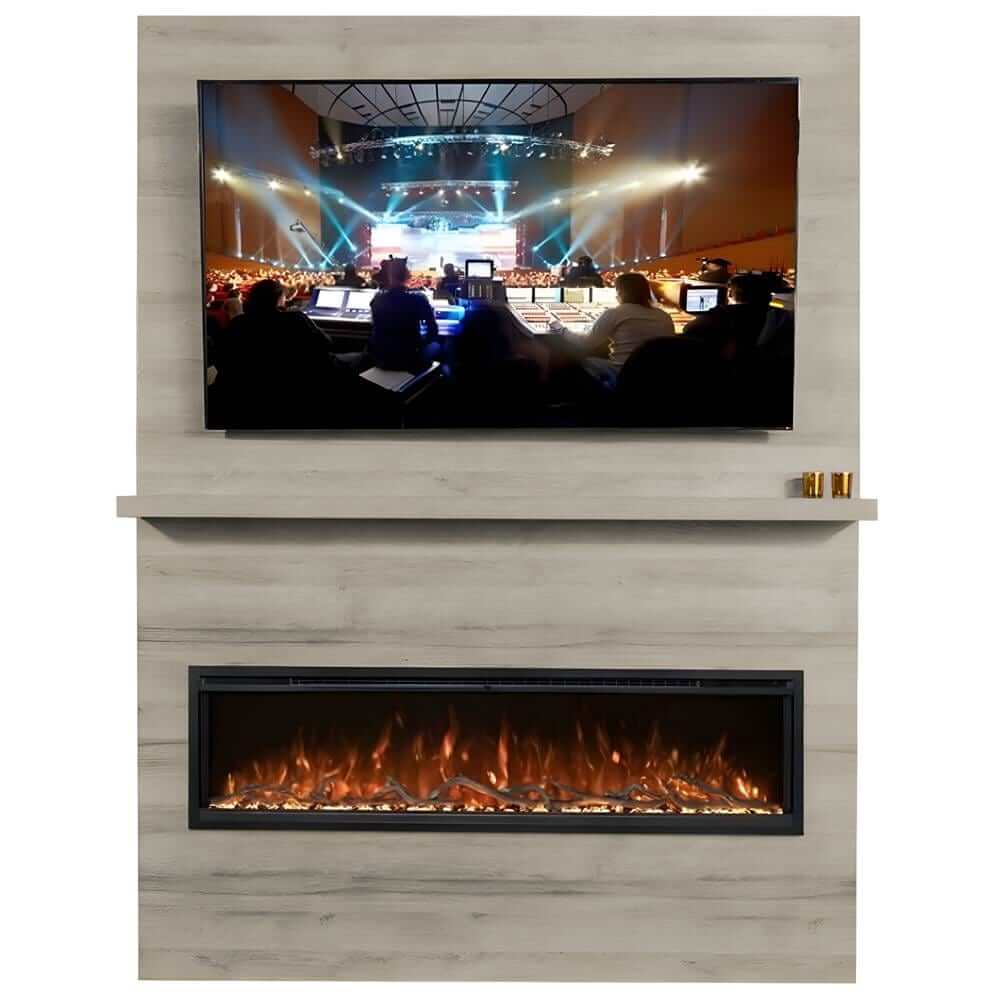 Allwood Fireplace Wall System for Spectrum Slimline Electric Fireplace - A modern entertainment center featuring a sleek TV above an electric fireplace, creating a stylish and cozy atmosphere.