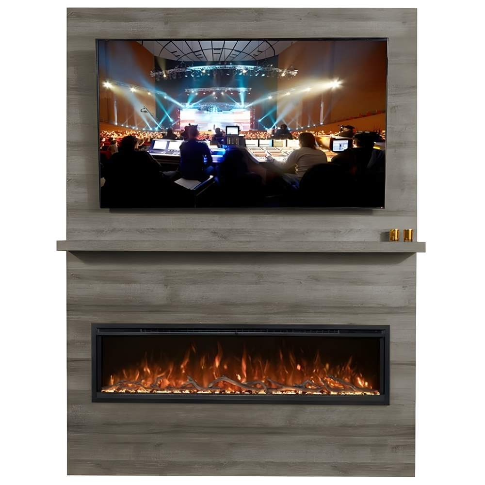 Allwood Fireplace Wall System for Spectrum Slimline Electric Fireplace - A modern wall unit featuring a TV displaying a live event above a stylish electric fireplace with glowing flames.