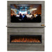 Allwood Fireplace Wall System for Spectrum Slimline Electric Fireplace - A modern wall unit featuring a TV displaying a live event above a stylish electric fireplace with glowing flames.