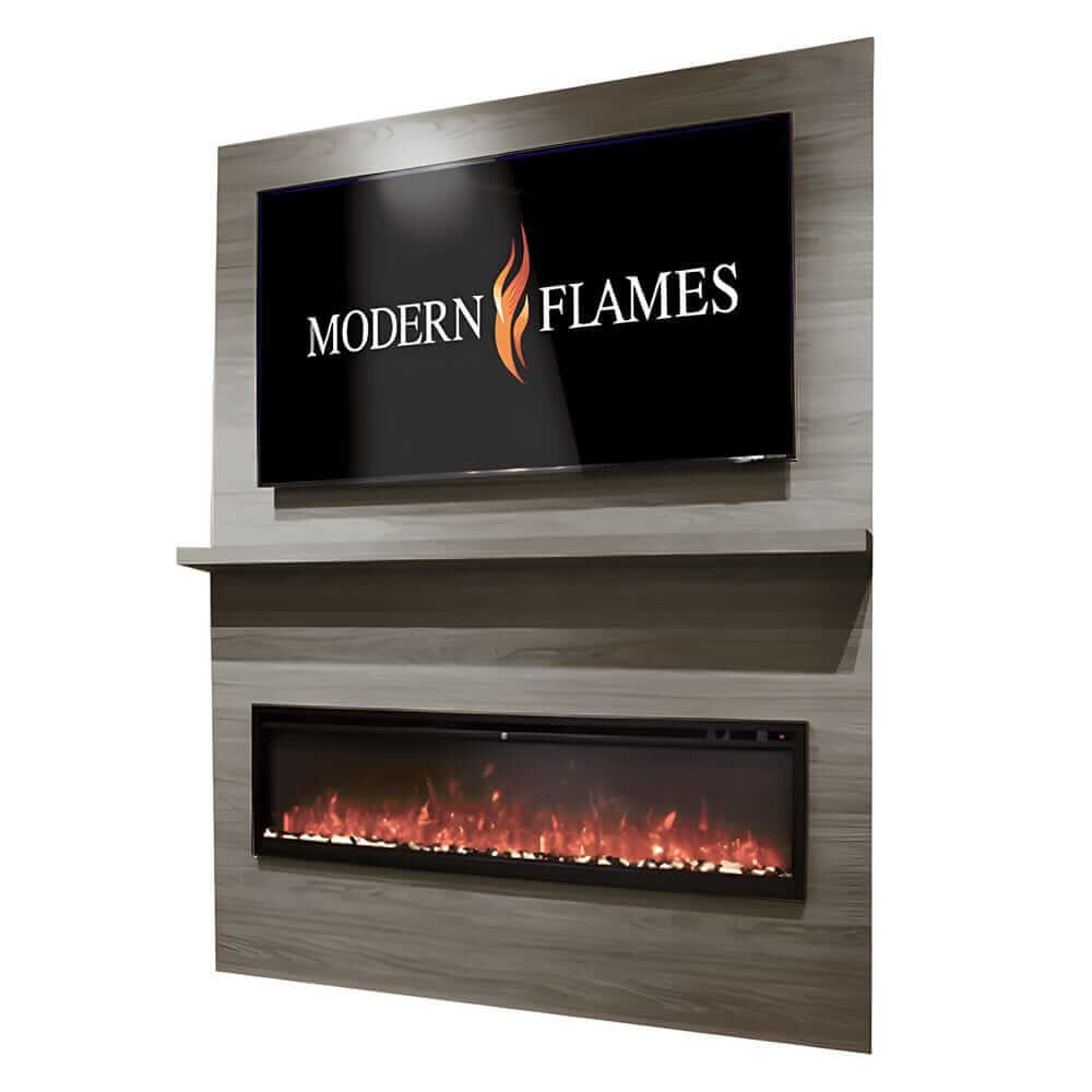 Allwood Fireplace Wall System for Spectrum Slimline Electric Fireplace - A modern wall-mounted fireplace with a sleek design, featuring an electronic display and a glowing ember bed beneath a TV screen.