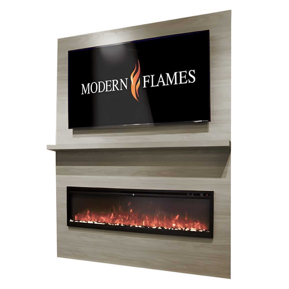 Allwood Fireplace Wall System for Spectrum Slimline Electric Fireplace - Modern Flames electric fireplace display with a sleek design and a glowing flame effect below.