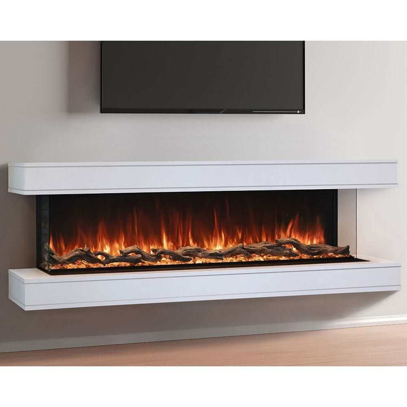 Landscape Pro Multi Fireplace - A modern electric fireplace with a realistic flame effect, set in a sleek white frame, displayed below a flat-screen TV.