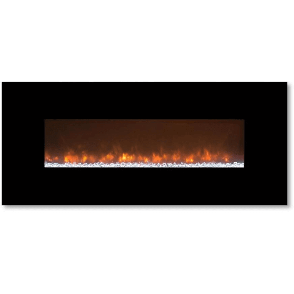 CLX 2 60" Built-in/Wall Mounted Electric Fireplace - A modern electric fireplace featuring vibrant flames above a bed of clear crystals, set against a sleek black background.