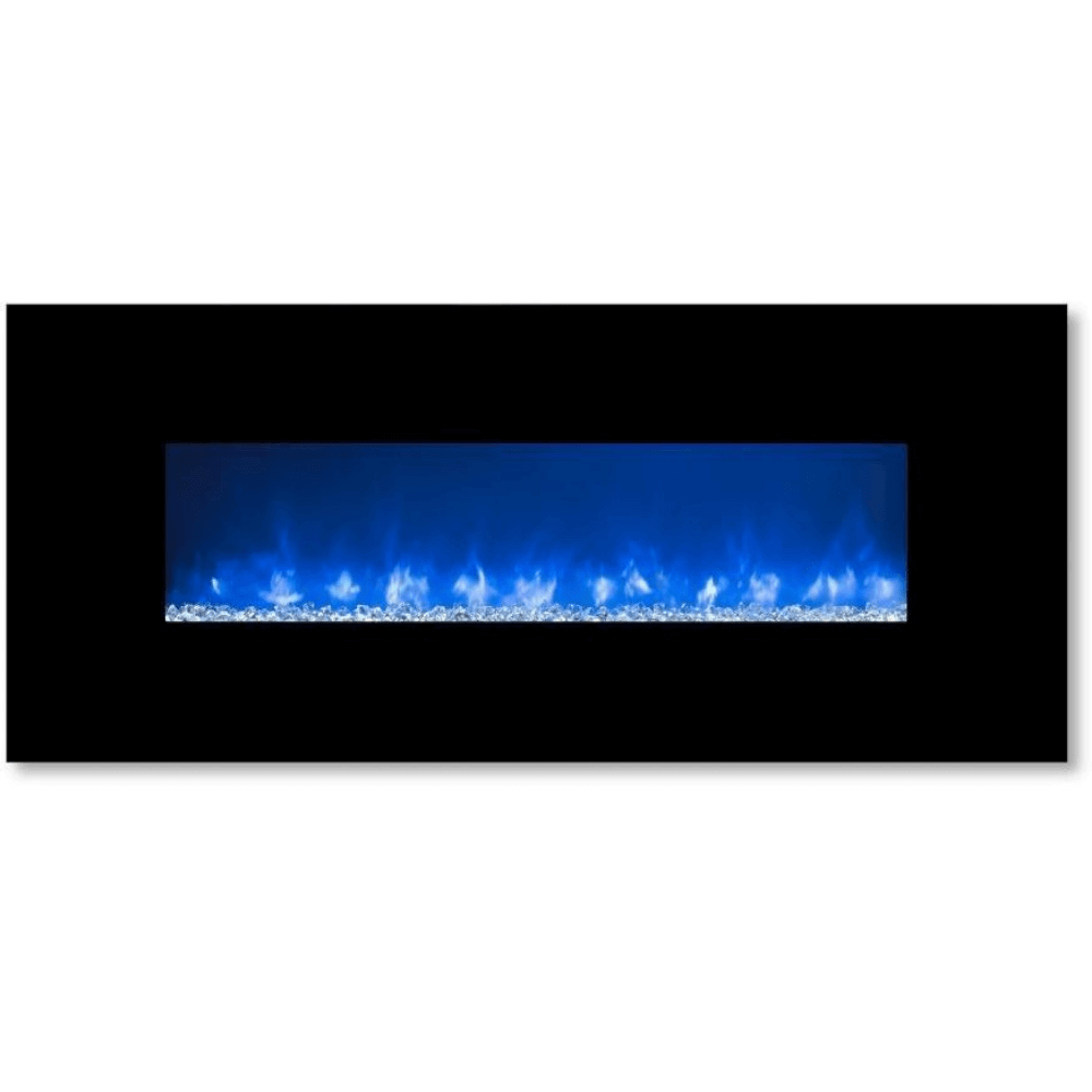 CLX 2 60" Built-in/Wall Mounted Electric Fireplace - A modern linear electric fireplace with vibrant blue flames and decorative white pebbles set against a sleek black background.