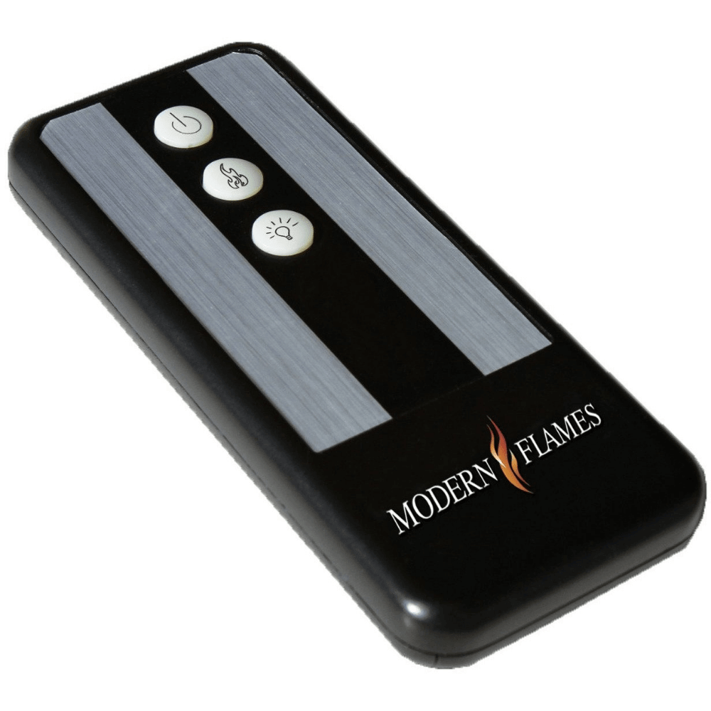 CLX 2 60" Built-in/Wall Mounted Electric Fireplace - Close-up of a sleek black remote control featuring three buttons for power, flame, and light, branded with Modern Flames logo.