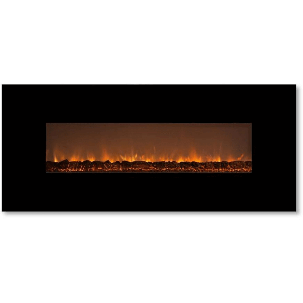 CLX 2 60" Built-in/Wall Mounted Electric Fireplace - An electric fireplace with glowing orange flames, set against a sleek black background, creating a cozy ambiance.
