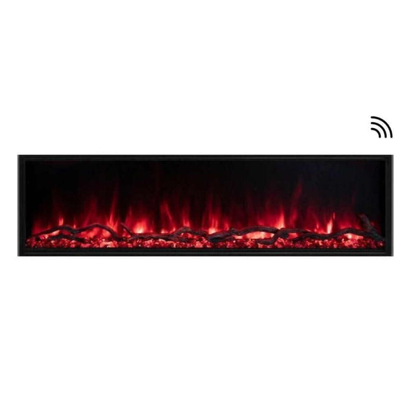 "Landscape Pro Slim" Smart Electric Fireplace - A modern wall-mounted electric fireplace featuring vibrant red flames and glowing embers, set in a sleek black frame.