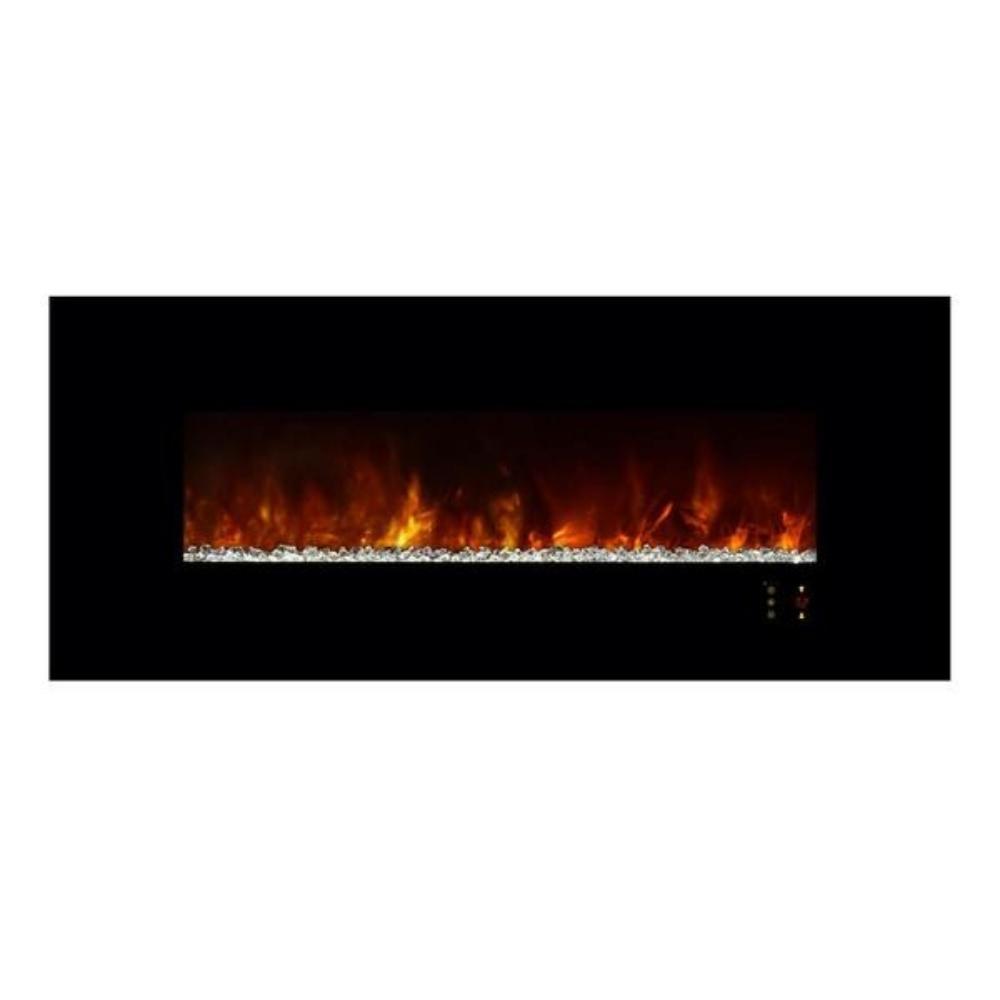 CLX 2 60" Built-in/Wall Mounted Electric Fireplace - Modern electric fireplace with realistic flickering flames and clear decorative crystals, set against a sleek black backdrop.