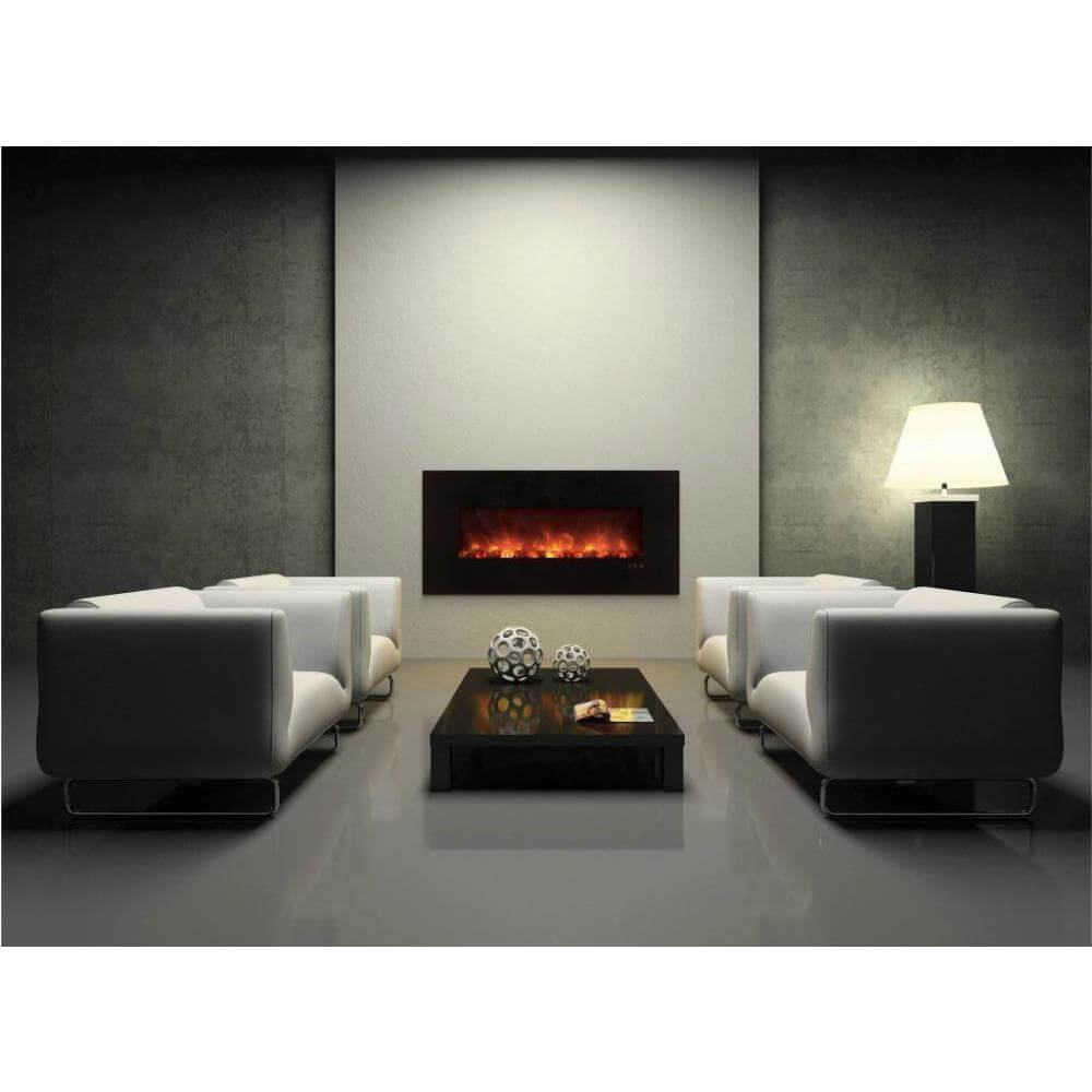 CLX 2 60" Built-in/Wall Mounted Electric Fireplace - Modern living room featuring four white sofas, a sleek coffee table, a wall-mounted fireplace, and a soft floor lamp.