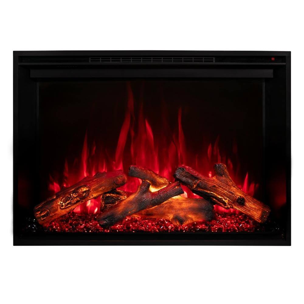 Redstone 26" Built-in Electric Fireplace Insert - An electric fireplace with glowing red flames and realistic log embers, set against a sleek black frame.