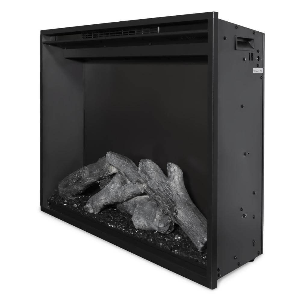 Redstone 26" Built-in Electric Fireplace Insert - A sleek, modern electric fireplace with a black frame, featuring realistic log accents and a glass rock base.