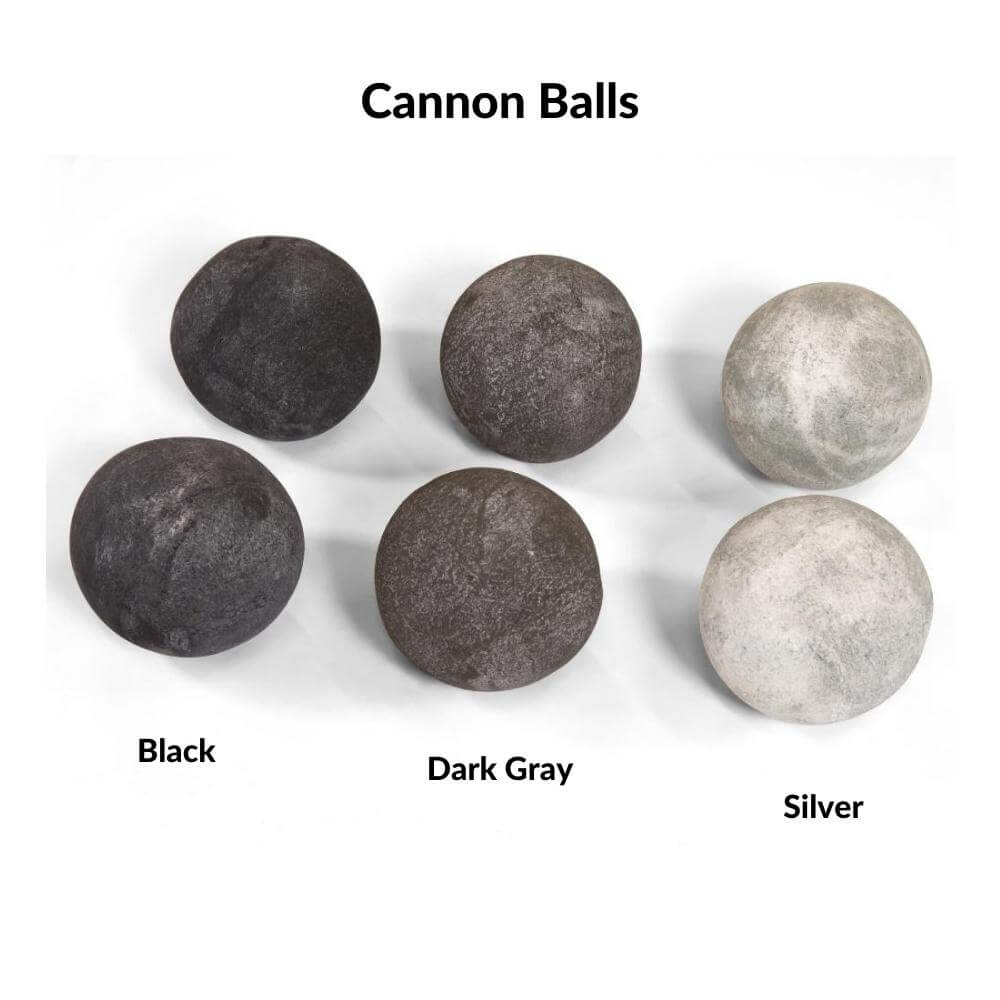 Redstone 26" Built-in Electric Fireplace Insert - A display of six cannon balls in varying shades: black, dark gray, and silver, labeled below each ball.