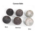 Redstone 26" Built-in Electric Fireplace Insert - A display of six cannon balls in varying shades: black, dark gray, and silver, labeled below each ball.