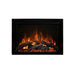 Redstone 26" Built-in Electric Fireplace Insert - A realistic electric fireplace with glowing logs and vibrant flames inside a sleek black frame, creating a cozy atmosphere.