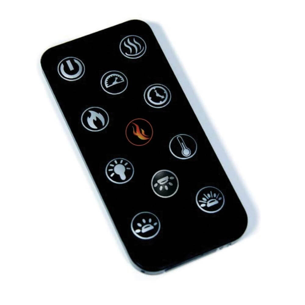 Redstone 26" Built-in Electric Fireplace Insert - Close-up of a sleek black remote control featuring various icons for heating, lighting, and environment settings.