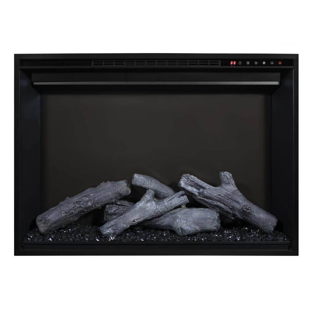 Redstone 26" Built-in Electric Fireplace Insert - An electric fireplace display with realistic faux logs, surrounded by ember-like glass, set against a dark background.