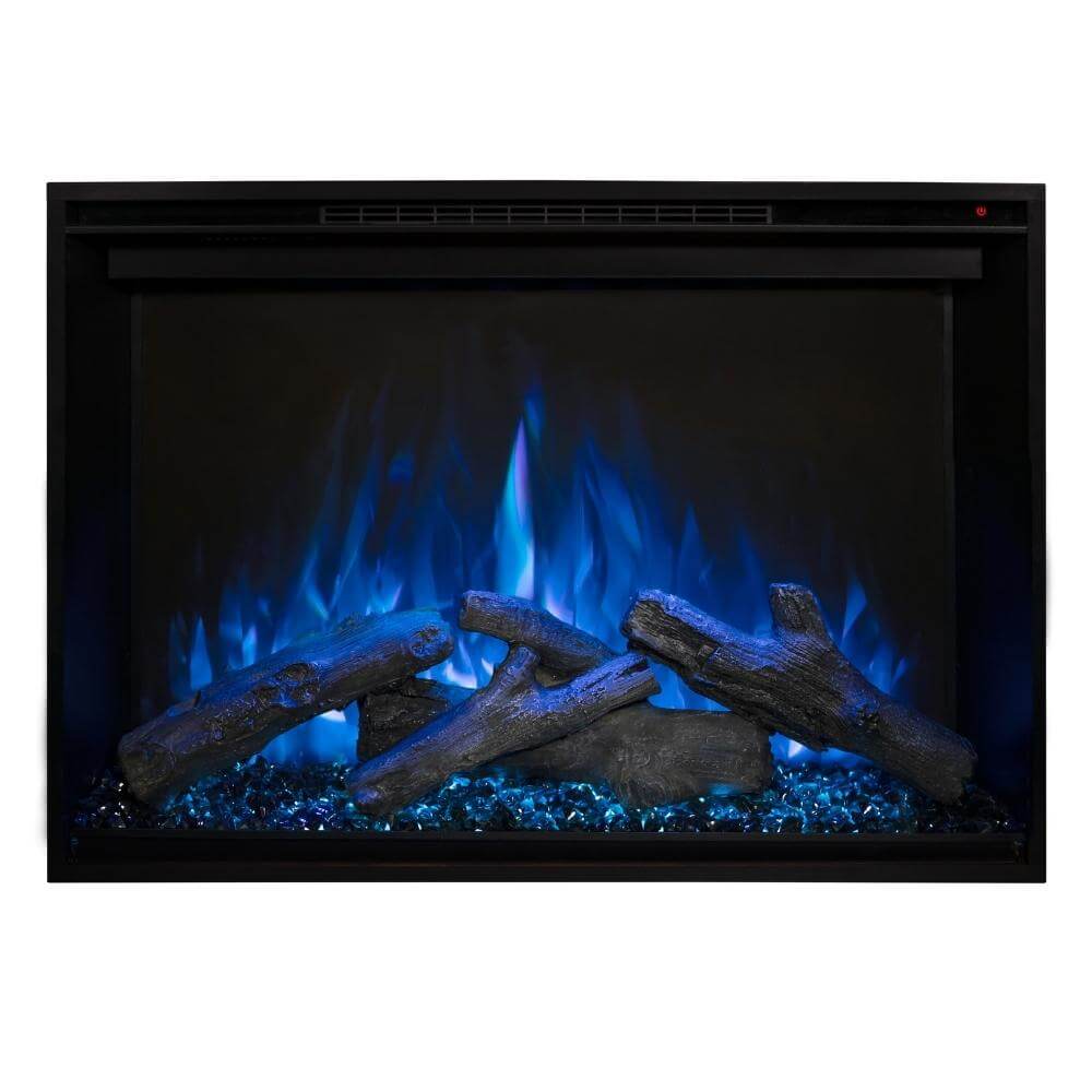 Redstone 26" Built-in Electric Fireplace Insert - An electric fireplace with glowing blue flames and textured log accents, set within a sleek black frame.