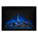 Redstone 26" Built-in Electric Fireplace Insert - An electric fireplace with glowing blue flames and textured log accents, set within a sleek black frame.