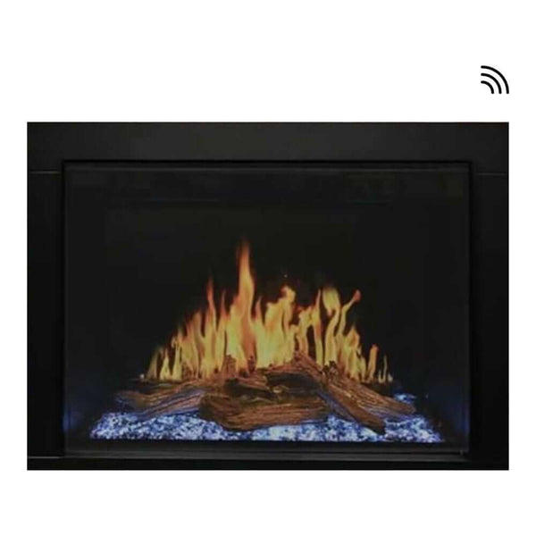 Orion Traditional Built-In Smart Virtual Electric Fireplace with Real Flame Effect - A modern electric fireplace showcasing vibrant flames over realistic logs and blue flames, set within a sleek black frame.