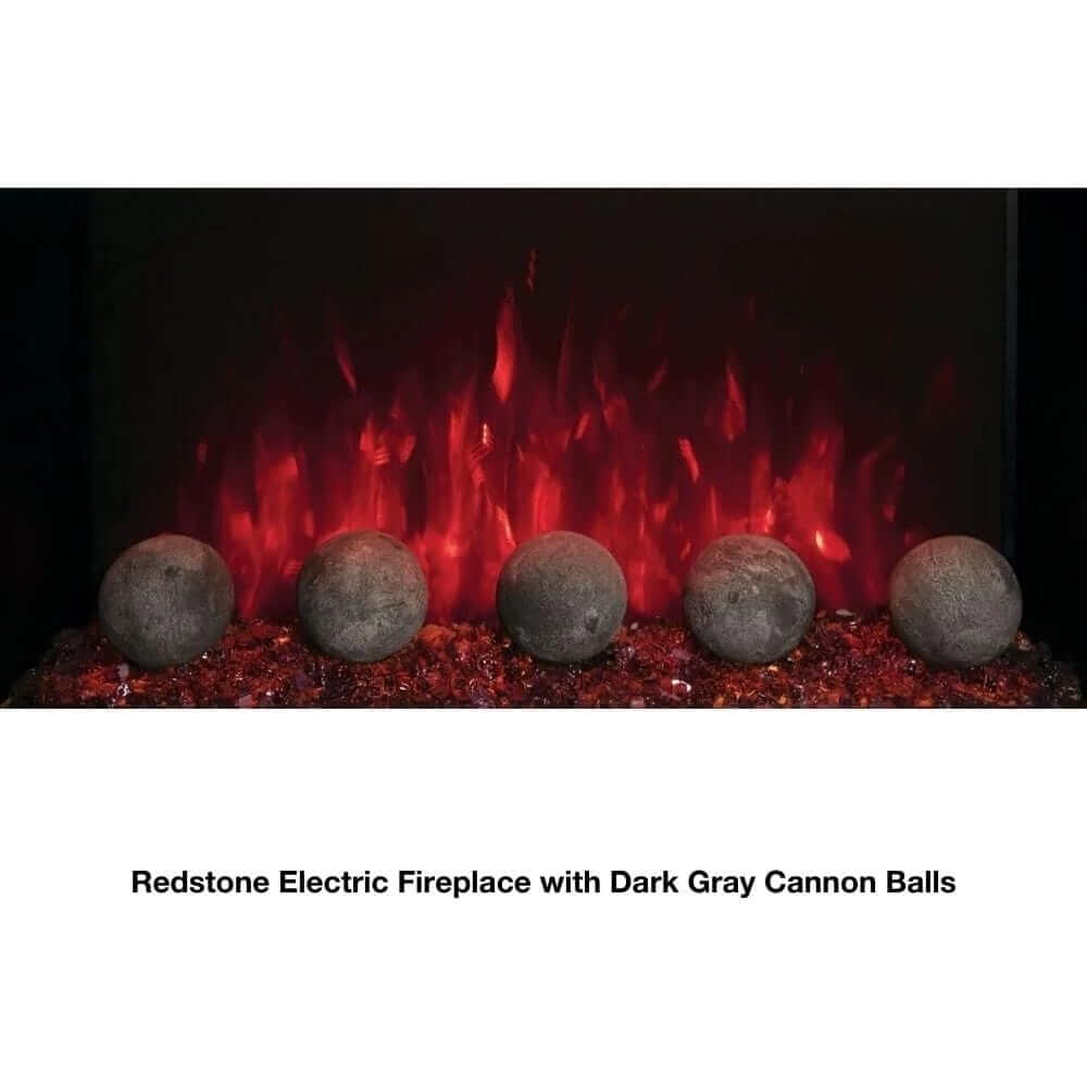 Redstone 26" Built-in Electric Fireplace Insert - Electric fireplace with glowing red flames and five dark gray cannon balls on a decorative base.