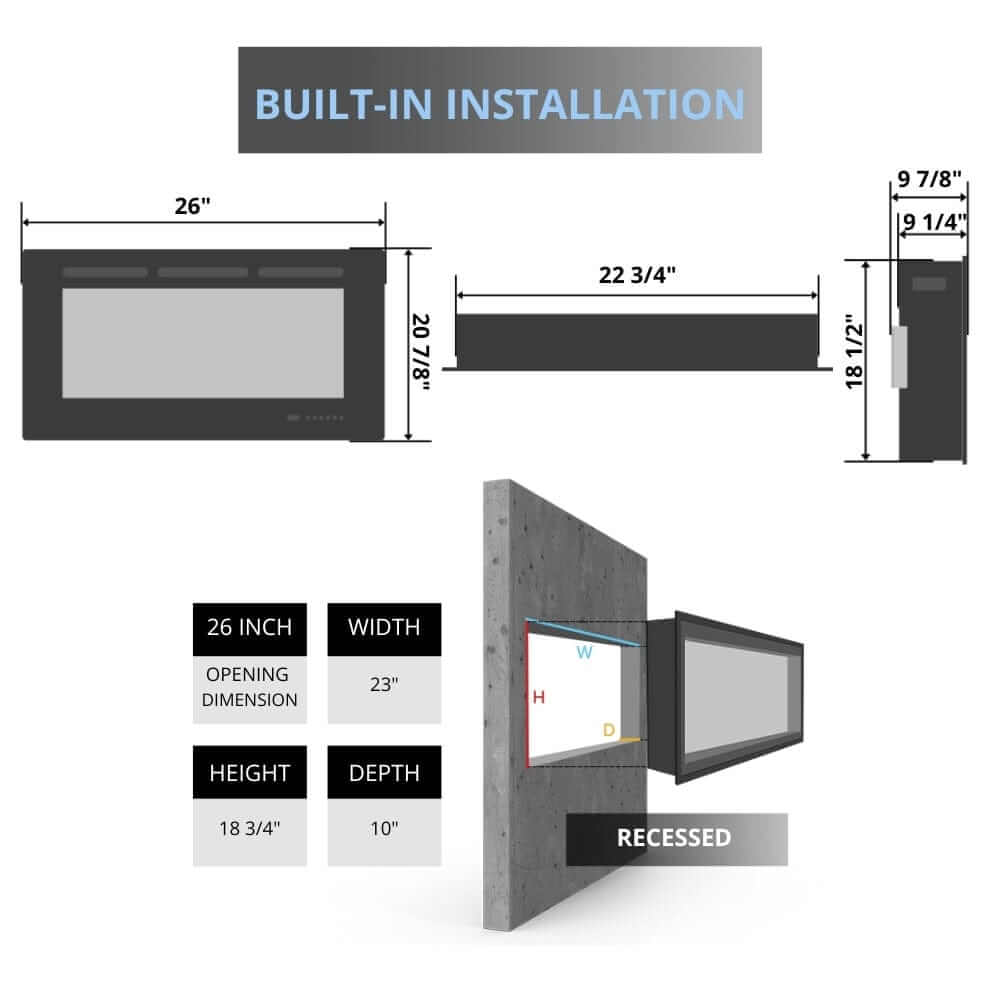 Redstone 26" Built-in Electric Fireplace Insert - Dimensions and installation details for a built-in fireplace, showing measurements for width, height, and depth.