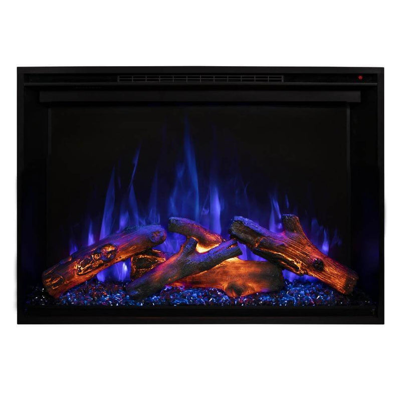 Redstone 54" Built-in Electric Fireplace Insert - A modern electric fireplace featuring glowing logs and vibrant blue flames, set in a sleek black frame.