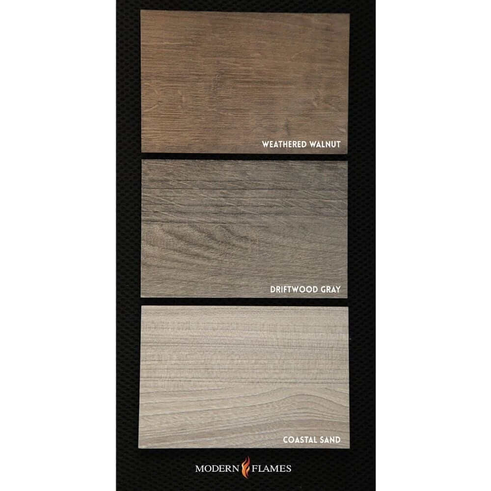 Allwood Fireplace Wall System for Spectrum Slimline Electric Fireplace - Three wood panel samples labeled Weathered Walnut, Driftwood Gray, and Coastal Sand on a black background. Modern Flames branding at the bottom.