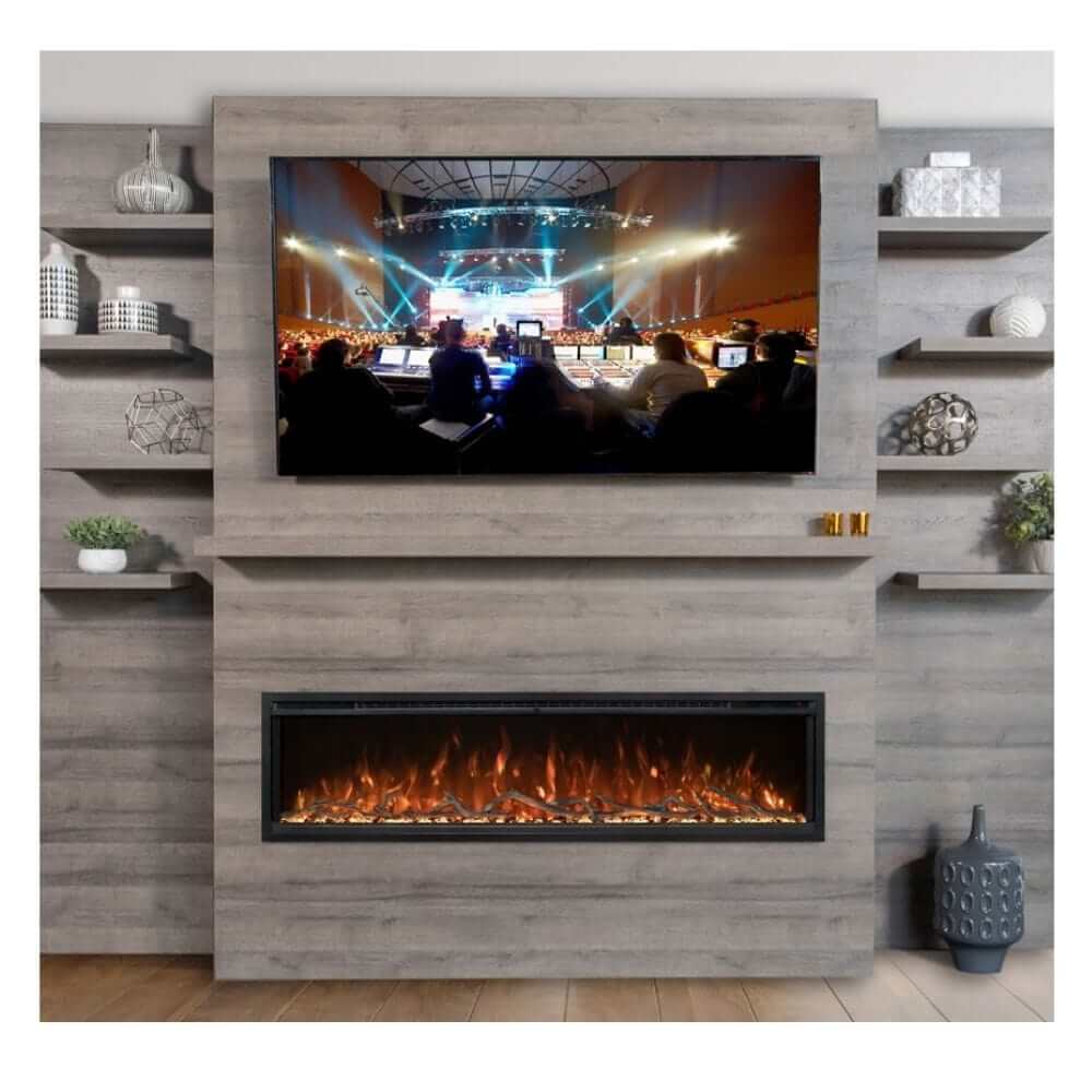 Allwood Fireplace Wall System for Spectrum Slimline Electric Fireplace - Modern living room featuring a mounted TV displaying a concert and an electric fireplace below on a textured wood wall.