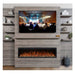 Allwood Fireplace Wall System for Spectrum Slimline Electric Fireplace - Modern living room featuring a mounted TV displaying a concert and an electric fireplace below on a textured wood wall.
