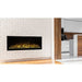 Spectrum Slimline Built-in/Wall Mounted Electric Fireplace - A modern electric fireplace with glowing flames is mounted on a white brick wall, complemented by a sleek kitchen backdrop.