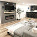 Spectrum Slimline Built-in/Wall Mounted Electric Fireplace - Cozy modern living room with a gray sectional, wall-mounted TV, electric fireplace, and a stylish bar area. Elegant decor accents.