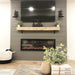 Spectrum Slimline Built-in/Wall Mounted Electric Fireplace - Modern living room featuring a wall-mounted TV, electric fireplace, wooden shelf with plants, and decorative items on a coffee table.