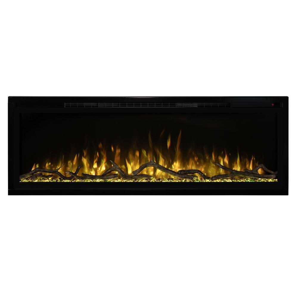 Spectrum Slimline Built-in/Wall Mounted Electric Fireplace - A modern electric fireplace displaying realistic flames with glowing logs and crystals, set in a sleek black frame.