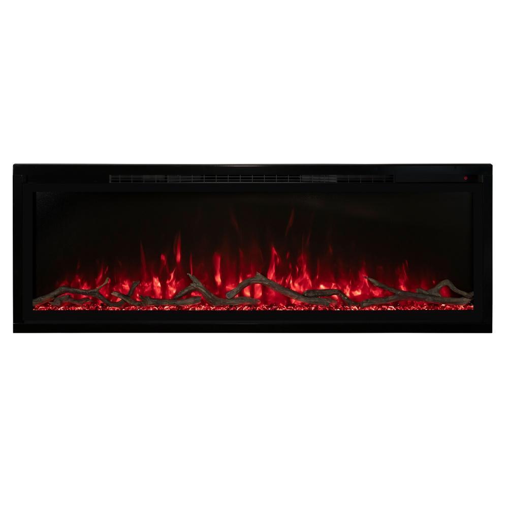 Spectrum Slimline Built-in/Wall Mounted Electric Fireplace - Modern electric fireplace with glowing red flames and realistic log accents, set in a sleek black frame.