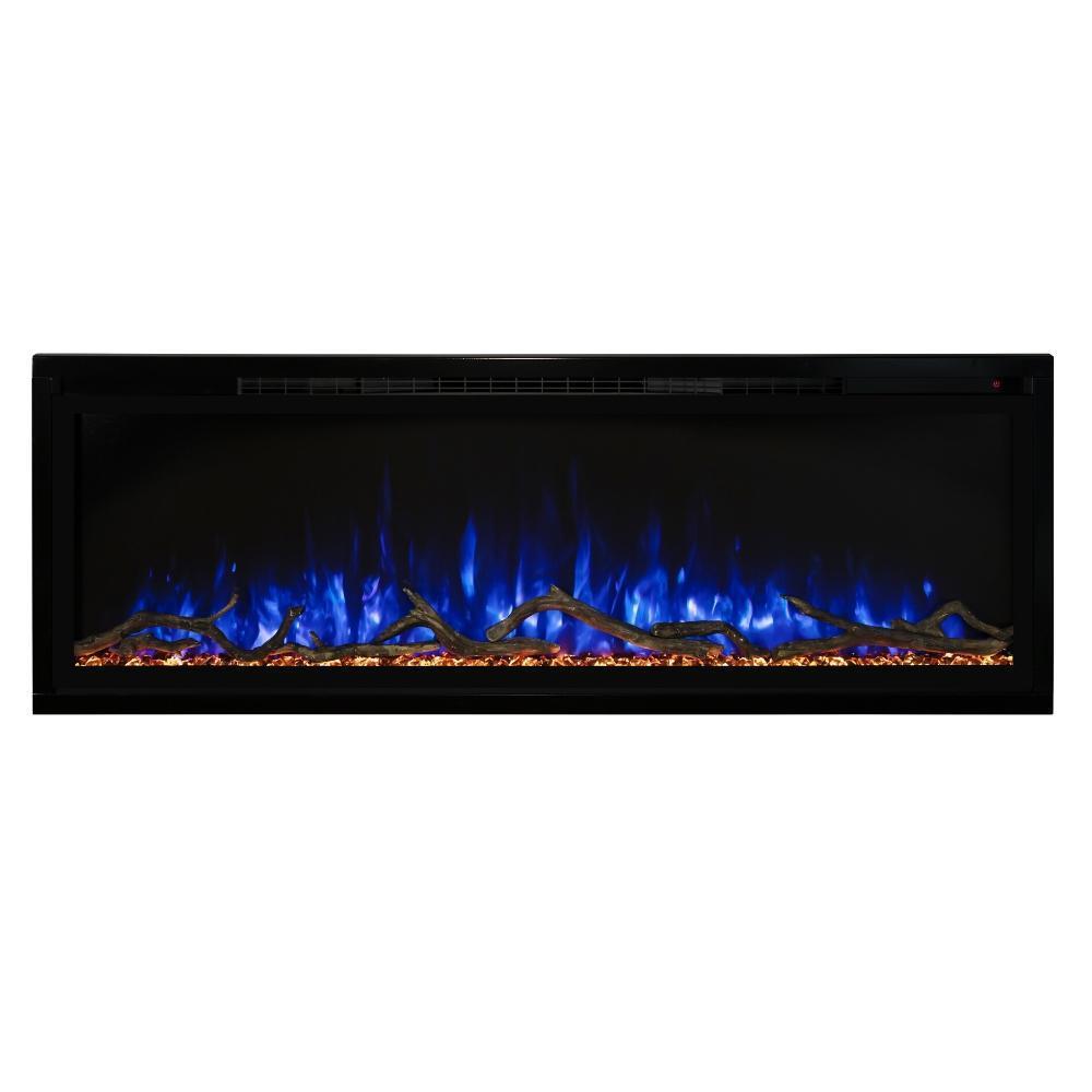 Spectrum Slimline Built-in/Wall Mounted Electric Fireplace - A sleek electric fireplace with vibrant blue flames and realistic log accents, set against a black frame.
